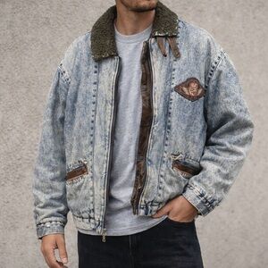 Vintage TRIM Sherpa Lined Acid Wash Denim Bomber Jacket Men’s L Aviator Patch